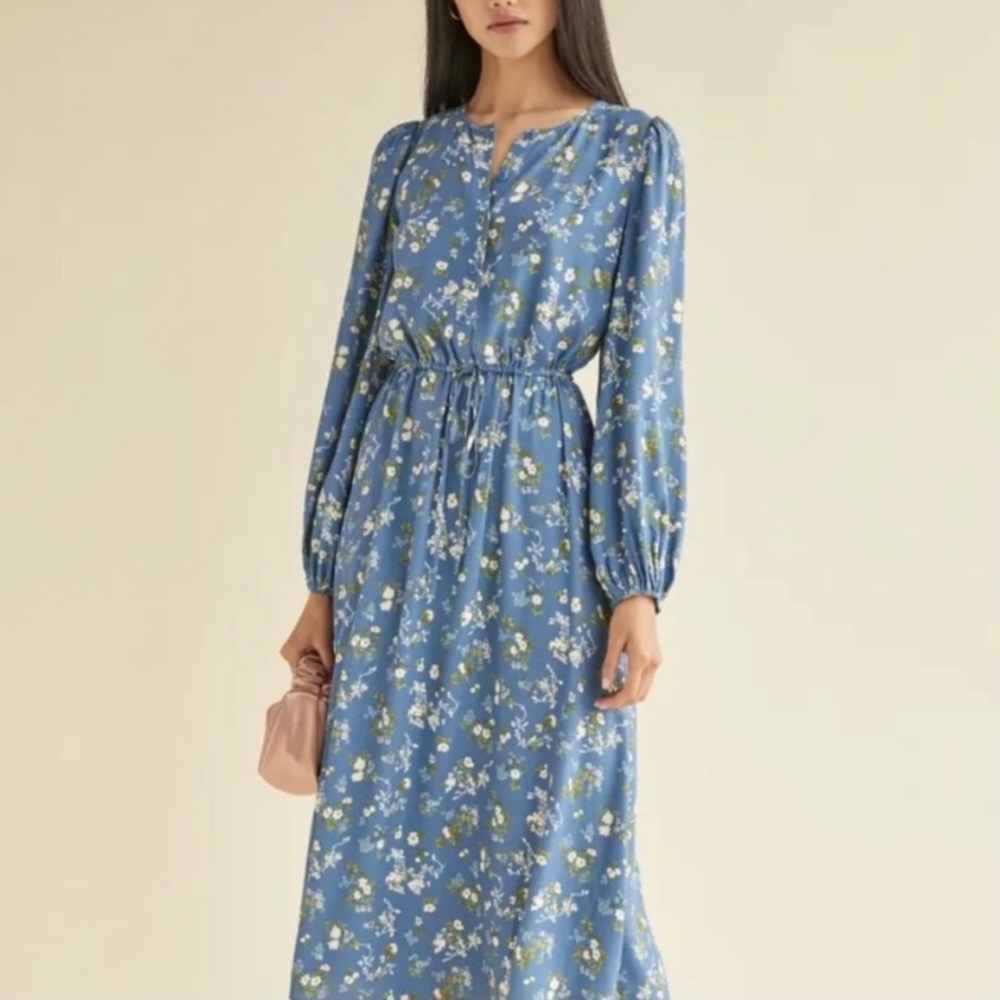 reformation • floral long sleeve blue lisse avery dress - Picture 2 of 13